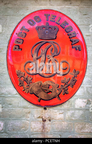 Eine alte königliche Post Wegweiser, der Altstadt (Freilichtmuseum) in Aarhus, Dänemark Stockfoto