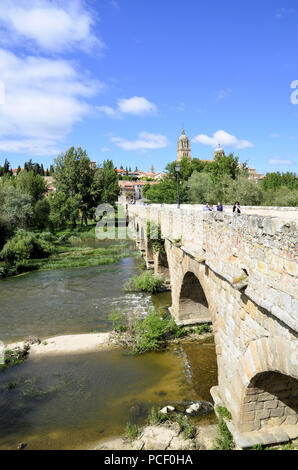 Neue Kathedrale von Salamanca aus dem Puente Romano (Römische Brücke) und des Río Tormes (Fluss Tormes), in Salamanca, Spanien. Stockfoto