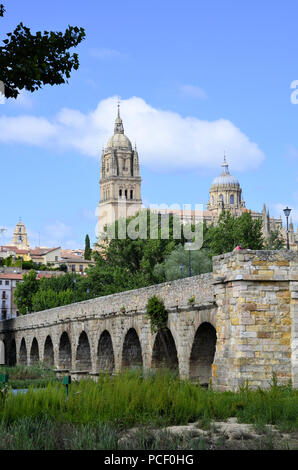 Neue Kathedrale von Salamanca aus dem Puente Romano (Römische Brücke) und des Río Tormes (Fluss Tormes), in Salamanca, Spanien. Stockfoto