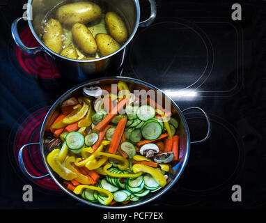 Frisch geschnittenes Gemüse, Karotten, Paprika, Champignons und Auberginen in einer Pfanne und kochende Kartoffeln rot, Kochplatten, Deutschland Stockfoto