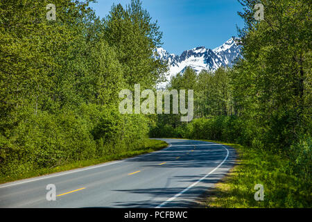 Die schneebedeckten Berge in der Ferne auf Herman Leirer Straße, die gemeinhin als "Exit Glacier Road, in Seward, Alaska Stockfoto