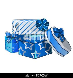 Stapel der Geschenkboxen in hellen Geschenkpapier eingewickelt, auf weißem Hintergrund. Vektor cartoon Close-up Abbildung. Stock Vektor