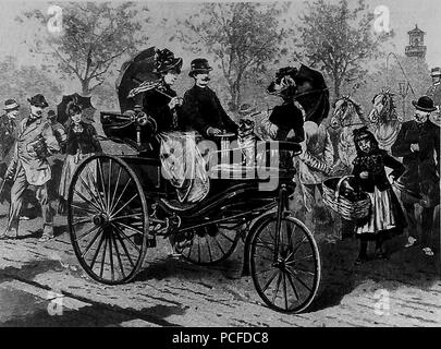 80 Benz-Patent-Motorwagen-mit-Carl-Benz Stockfoto