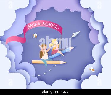 Zurück zu Schule 1. september Karte. Kinder fliegen auf Bleistift mit Luftballons. Papier schneiden Stil. Vector Illustration Stock Vektor