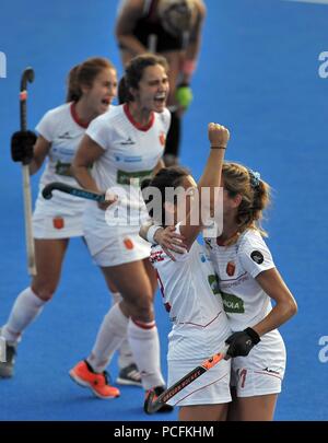 Die spanischen Spieler feiern am Ende des Spiels. Deutschland gegen Spanien. Match 29. Viertelfinale. Hockey der Frauen-WM 2018. Lee Valley Hockey Centre. Queen Elizabeth Olympic Park. Stratford. London. UK. 01.08.2018. Stockfoto