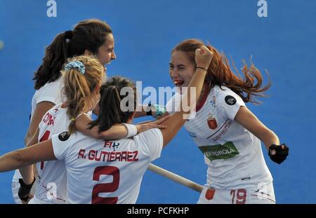 Die spanischen Spieler feiern am Ende des Spiels. Deutschland gegen Spanien. Match 29. Viertelfinale. Hockey der Frauen-WM 2018. Lee Valley Hockey Centre. Queen Elizabeth Olympic Park. Stratford. London. UK. 01.08.2018. Stockfoto