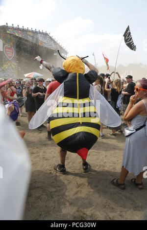 Kostrzyn, Polen. 2. Aug 2018. Ein Mann in einer Biene kostüm steht vor der Haput Bühne. Eröffnung des 24 Pol' und 'Rock Festival in der Nähe von Kostrzyn (küstrin). Die "Woodstock stop' wird 'Pol' und 'Rock'. Hunderttausende von Fans aus dem In- und Ausland werden erwartet, die dreitägige Veranstaltung zu besuchen. Europas größte nicht-kommerzielle Open Air Festival wird in diesem Jahr von 2-4 statt. August 2018. Bild: Sao Struck/Alamy leben Nachrichten Stockfoto