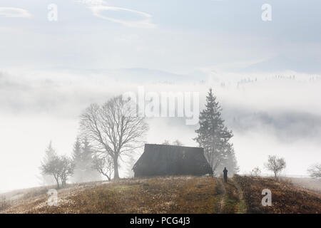 Allein Haus auf Nebeligen Wiese Stockfoto