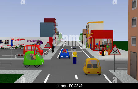 Blick auf die Stadt mit Verkehr Situation: Traffic Control von einem Polizisten, zu stoppen. 3D-Rendering Stockfoto