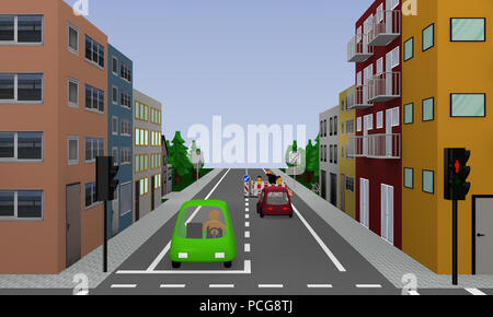 Straße mit Ampel, bunte Autos, Häuser und Baustelle. 3D-rendering Text auf Zeichen in deutscher Sprache: Umwelt, Zone Stockfoto