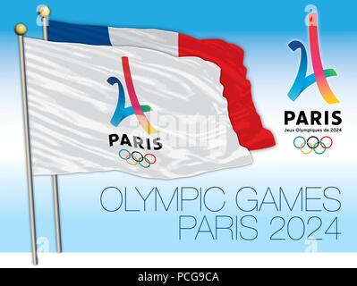Olympische Spiele Paris 2024, Logo und Fahnen, Vektor, Abbildung Stock Vektor