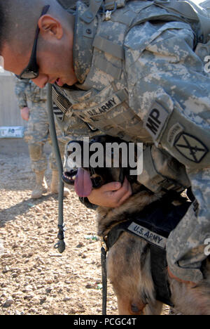 Us-Armee SPC. Joaquin Mello vom 2 Platoon, Charlie Company, 1.BATAILLON, 2 Infanterie Regiment, 172Nd Infantry Brigade gibt Sgt. Bodo, einem militärischen Polizei Hund, ein Pep sprechen, bevor eine Mission am Straßenrand Abstand an der Hauptversorgung Route in der Nähe von Tampa Forward Operating Base Kalsu, Irak am 29. September 2008 durchzuführen. Stockfoto