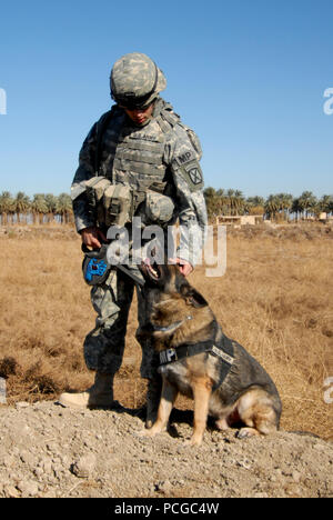 Us-Armee SPC. Joaquin Mello vom 2 Platoon, Charlie Company, 1.BATAILLON, 2 Infanterie Regiment, 172Nd Infantry Brigade und Sgt. Bodo, einem militärischen Polizei Hund, während am Straßenrand Abstand an der Hauptversorgung Route in der Nähe von Tampa Forward Operating Base Kalsu, Irak, Dez. 29, 2008 verleihen. Stockfoto