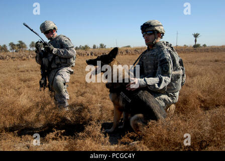 Us-Armee SPC. Joaquin Mello vom 2 Platoon, Charlie Company, 1.BATAILLON, 2 Infanterie Regiment, 172Nd Infantry Brigade und Sgt. Bodo, einem militärischen Polizei Hund, warten 1. Lt Adam Davidson am Straßenrand Abstand an der Hauptversorgung Route in der Nähe von Tampa Forward Operating Base Kalsu, Irak fordert, am 04.12.29., 2008. Stockfoto