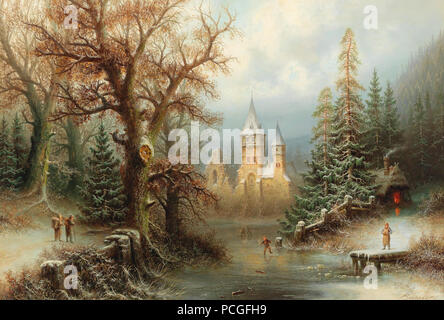 Albert Bredow-romantische Winterlandschaft mit Eisläufer von einer Burg. Stockfoto