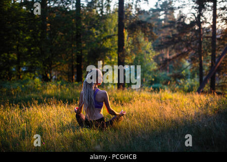 Yoga Frau meditiert auf einer Lichtung im Wald. Ruhe und Harmonie. Stockfoto