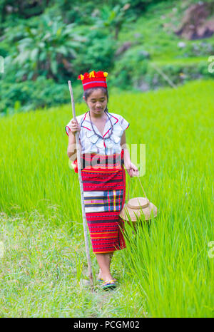 Frau aus Ifugao-Minderheit in der Nähe einer Reisterrassen in der Banaue auf den Philippinen Stockfoto