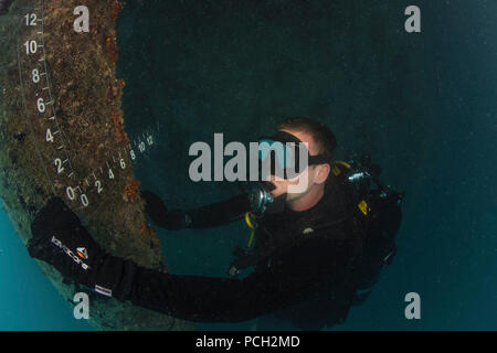 DIEGO GARCIA, Britisches Territorium im Indischen Ozean (Jan. 19, 2015) Leutnant Russell Jarvis, ein Ingenieur von Marine Engineering und Expeditionary Warfare Center in Washington, D.C., inspiziert Pfähle bei einer Untersuchung auf einem tiefen Entwurf Wharf am U.S. Naval Support Facility Diego Garcia. Seabees von Unterwasser Bau Team (UCT) 2, Port Hueneme, Ca., und Marine Taucher aus Mobile Tauchen und Bergung (MDSU) 1 in Pearl Harbor Kontrolle der strukturellen Integrität von Kotflügel und Stapel an der Wharf. Stockfoto