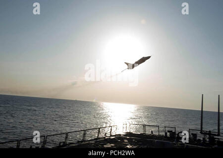 Ostsee (12. April 2016), eine russische Suchoi Su-24 Kampfflugzeug macht eine niedrige Höhe vorbei USS Donald Cook (DDG75) am 12. April 2016. Donald Cook, eine der Arleigh-Burke-Klasse geführte-missile Destroyer vorwärts zu Rota, Spanien bereitgestellt werden, ist die Durchführung einer Routinepatrouille in den USA 6 Flotte Bereich der Maßnahmen zur Unterstützung der US-amerikanischen nationalen Sicherheitsinteressen in Europa. Stockfoto