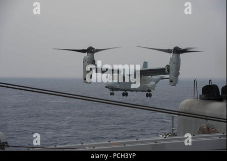 Ein U.S. Marine Corps MV-22 B Osprey Kipprotor-flugzeug zu Marine Medium Tiltrotor Squadron (VMM) 265 bereitet an Bord der Amphibischen dock Landung Schiff USS Ashland (LSD 48) im Ostchinesischen Meer März 20, 2014 Land zugewiesen. Die Ashland war Teil der Bonhomme Richard amphibischen Bereitschaft Gruppe und war unterwegs in den USA 7 Flotte Verantwortungsbereich unterstützen Maritime Security Operations und Theater Sicherheit Bemühungen um Zusammenarbeit. Stockfoto