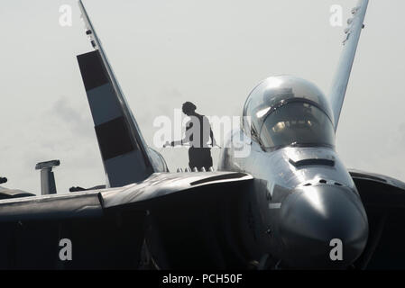 Pazifik (17. Juli 2016) Airman Josh Coleman, von Vero Beach, Florida, Waschungen, die das Flugdeck Assistenten von Electronic Attack Squadron (VAQ) 133 auf USS John C. Stennis' (CVN-74) bei der Felge der Pacific maritime Übung eine E/A - 18 G Growler zugewiesen. 26 Nationen, mehr als 40 Schiffe und u-Boote, mehr als 200 Flugzeugen und 25.000 Mitarbeitern sind RIMPAC vom 30 Juni bis 4. August in und rund um die Inseln von Hawaii und Southern California beteiligt. Der weltweit größte internationale maritime Übung RIMPAC bietet eine einzigartige Gelegenheit, die Teilnehmer Foste hilft Stockfoto