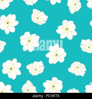 Jasminum sambac - Arabischer Jasmin auf Blau blaugrün Hintergrund. Vector Illustration. Stock Vektor