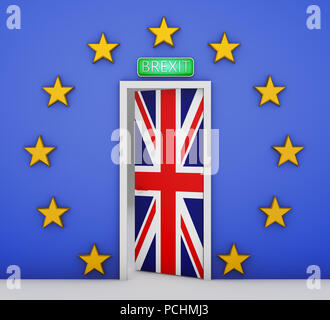 Wand in Form einer Flagge der Europäischen Union und eine Tür mit der Flagge von Großbritannien. 3D-Rendering. Stockfoto