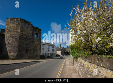 Straße neben der alten Stadtmauer in Conwy in Nord Wales, Großbritannien. Ein sonniger Frühlingstag. Stockfoto