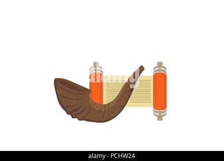 Vector Illustration für Jom Kippur und Rosh Hashanah: schofar und offenen Tora isoliert. Yom Kippur banner Vorlage. Stock Vektor