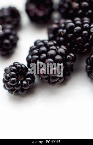 Viele Brombeeren auf weißem Hintergrund Stockfoto