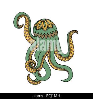 Grün Gelb octopus Gewirr Muster. Doodle Tiere mit Tentakeln. Vector Illustration. Stock Vektor