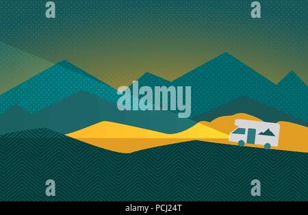 Vector Illustration: Shining Caravan in der Natur mit Bergen im Hintergrund. Stock Vektor