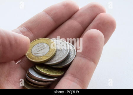 Polnischer Zloty Münzen in der Hand auf weißem Hintergrund. Isoliert Stockfoto