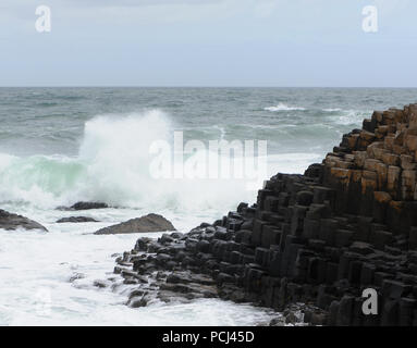 Wellen brechen im vieleckigen Basaltsäulen Giant's Causeway. Bushmills, County Antrim, Nordirland, Großbritannien. Stockfoto