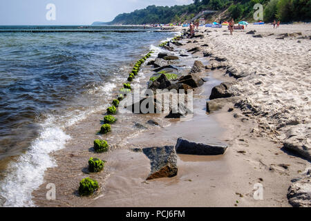 Deutschland Zempin, Stubbenfelde Strand. Küsten Badeort auf der Insel Usedom an der Ostsee. Felsen & Holz groyne verhindern Erosion der Sandstrand Stockfoto