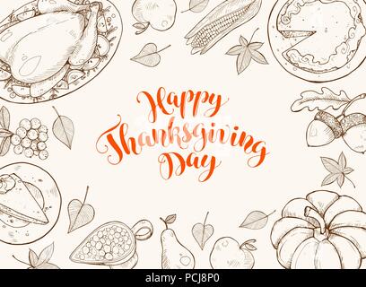 Happy Thanksgiving Day Grußkartenvorlage. Danksagung Poster mit gebratener Truthahn, Pumpkin Pie und aconrs Skizzen. Horizontale Komposition mit t Stock Vektor