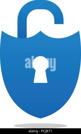 Blau entriegelt Vorhängeschloss Shield Logo Design Template Stock Vektor