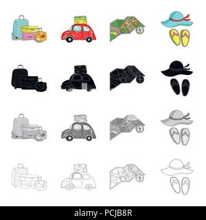 Gepäck, ein Auto mit Sachen, eine Karte und einen Kompass, einen Hut und Hausschuhe. Familienurlaub set Sammlung Icons in Cartoon schwarz monochrome Outline style vec Stock Vektor