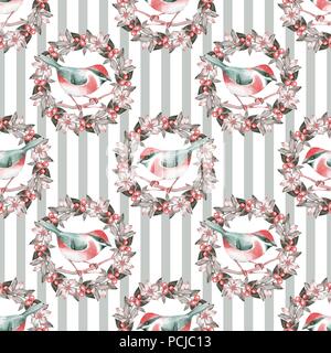 Nahtlose Muster mit Vogel- und Blumenmustern Kranz. Aquarell Malerei. Schönen Hintergrund mit kleinen Vogel Stockfoto