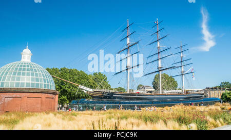 Cutty Sark, ein restauriertes Teeklipper-Schiff aus dem 19. Jahrhundert, das heute in Greenwich, London, England, Museum ist Stockfoto