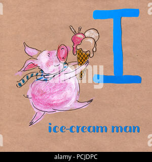 Alphabet für Kinder mit Schwein. Buchstabe I. Eis Mann Handwerk Tel. Stockfoto