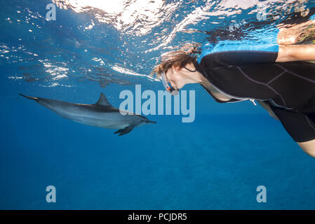 Eine Frau in einer Maske schauen auf Spinner Delfin (Stenella longirostris) Stockfoto
