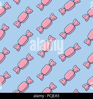 Nahtlose Hintergrundmuster mit Rosa gewickelt Hard Candy auf hellblauem Hintergrund Stock Vektor