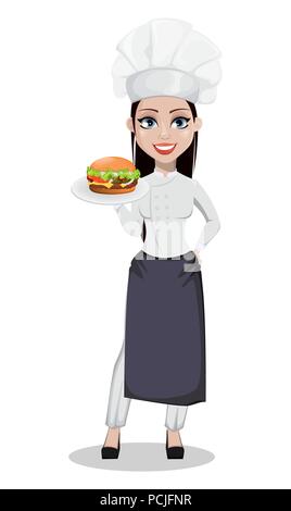 Schöne Bäcker Frau in professionellen einheitliche und Küchenchef hat Holding Cheeseburger. Fröhliche cartoon Charakter. Vector Illustration auf weißem Hintergrund. Stock Vektor