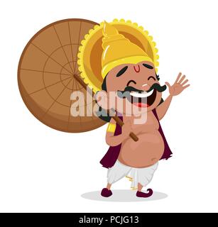 Onam fest. König Mahabali holding Regenschirm, fröhlichen cartoon Charakter. Happy Onam Festival in Kerala. Vector Illustration Stock Vektor