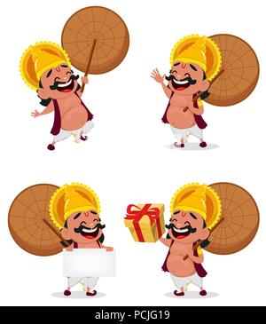 Onam fest. König Mahabali holding Regenschirm, der vier festgelegt. Happy Onam Festival in Kerala. Vector Illustration auf weißem Hintergrund Stock Vektor