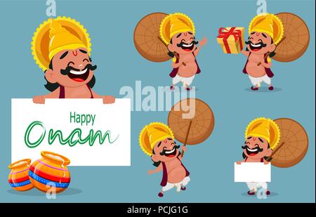 Onam fest. König Mahabali holding Regenschirm, der fünf Posen. Happy Onam Festival in Kerala. Vector Illustration Stock Vektor