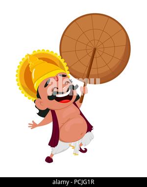 Onam fest. Lachend König Mahabali holding Regenschirm, fröhlichen cartoon Charakter. Happy Onam Festival in Kerala. Vector Illustration Stock Vektor