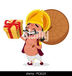 Onam fest. König Mahabali holding Regenschirm und Geschenkbox, fröhlichen cartoon Charakter. Happy Onam Festival in Kerala. Vector Illustration Stock Vektor