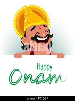 Onam fest. König Mahabali holding Plakat mit Grüße, fröhliches cartoon Charakter. Happy Onam Festival in Kerala. Vector Illustration Stock Vektor